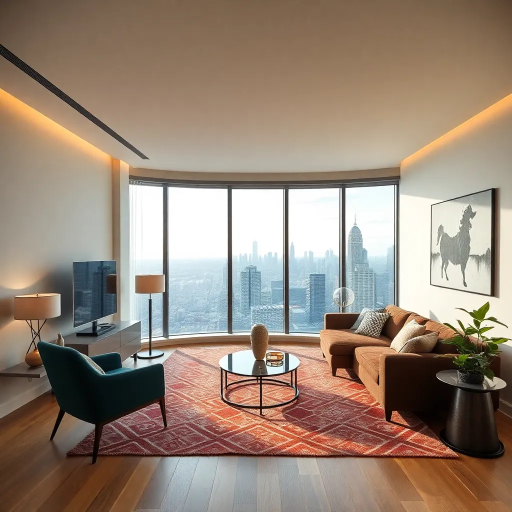 Placeholder image for Apartment 12 with elegant living room and city skyline view